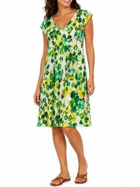 JAMS WORLD 90s Hawaiian Lemon Drop Shift Dress Knee Length V-Neck Women's Small